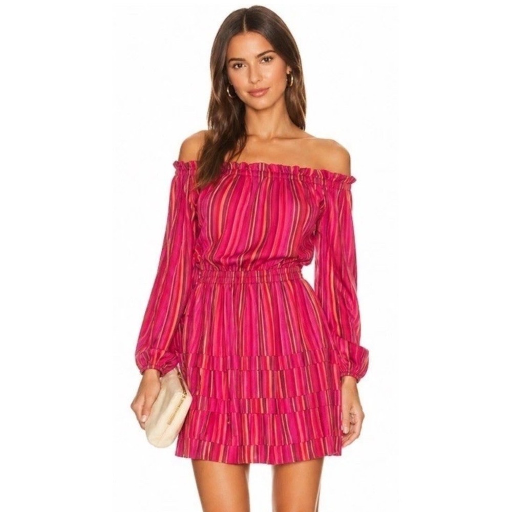 BURU Cotton Striped Off Shoulder Mini Dress Pink L Resort Party Cocktail